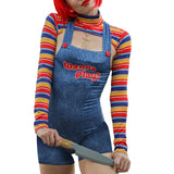 Huidianyin Women's 2 Pcs Halloween Costumes Scary Nightmare Killer Doll Wanna Play Movie Character Dress Chucky Doll Costume Sets