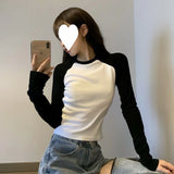 Huidianyin Sleeve T-shirts Women Patchwork Slim Fit Causal Elegant College Harajuku Basic Autumn All-match Tops Ropa Mujer Clothing