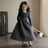 Huidianyin Autumn Kids Girls Beige Grey Simple Casual Patchwork Princess Elegant Long Sleeve Dresses Korean Style