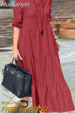 Huidianyin Elegant Women Fashion Holiday Sundress Casual Loose Work Vestidos 3/4 Sleeve Solid Maxi Long Dress Ruffles Robes Femme 925