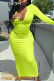 Huidianyin Ribbed Knitted Women Pure Long Sleeve Midi Dress V Neck Bodycon Sexy Streetwear Party Elegant 2023 Summer Slim Clothes