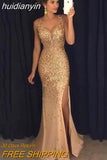 huidianyin Women Luxury Elegant Evening Dress Bronzing Sequins Y2k Split Sexy Sleeveless V Neck Slim Banquet Fashion Mini Long Dresses 2023