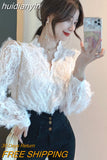 huidianyin V-neck Long Sleeve Lace Blouse Women Tops Tassel White Shirts Blusas Hollow Out Lace Flowers Ladies Blouses Shirts 16095