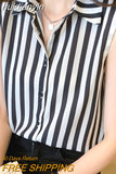 huidianyin and White Striped Woman Shirts Summer Tank Top Blouse for Women Sleeveless Blouses Chiffon Ladies Tops OL Female Clothing