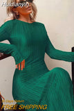 Huidianyin Autumn Striped Ruched Ruffle Sexy Y2K Clothes Long Sleeve Bodycon Midi Dresses For Women 2023 Club Party Elegant Outfit