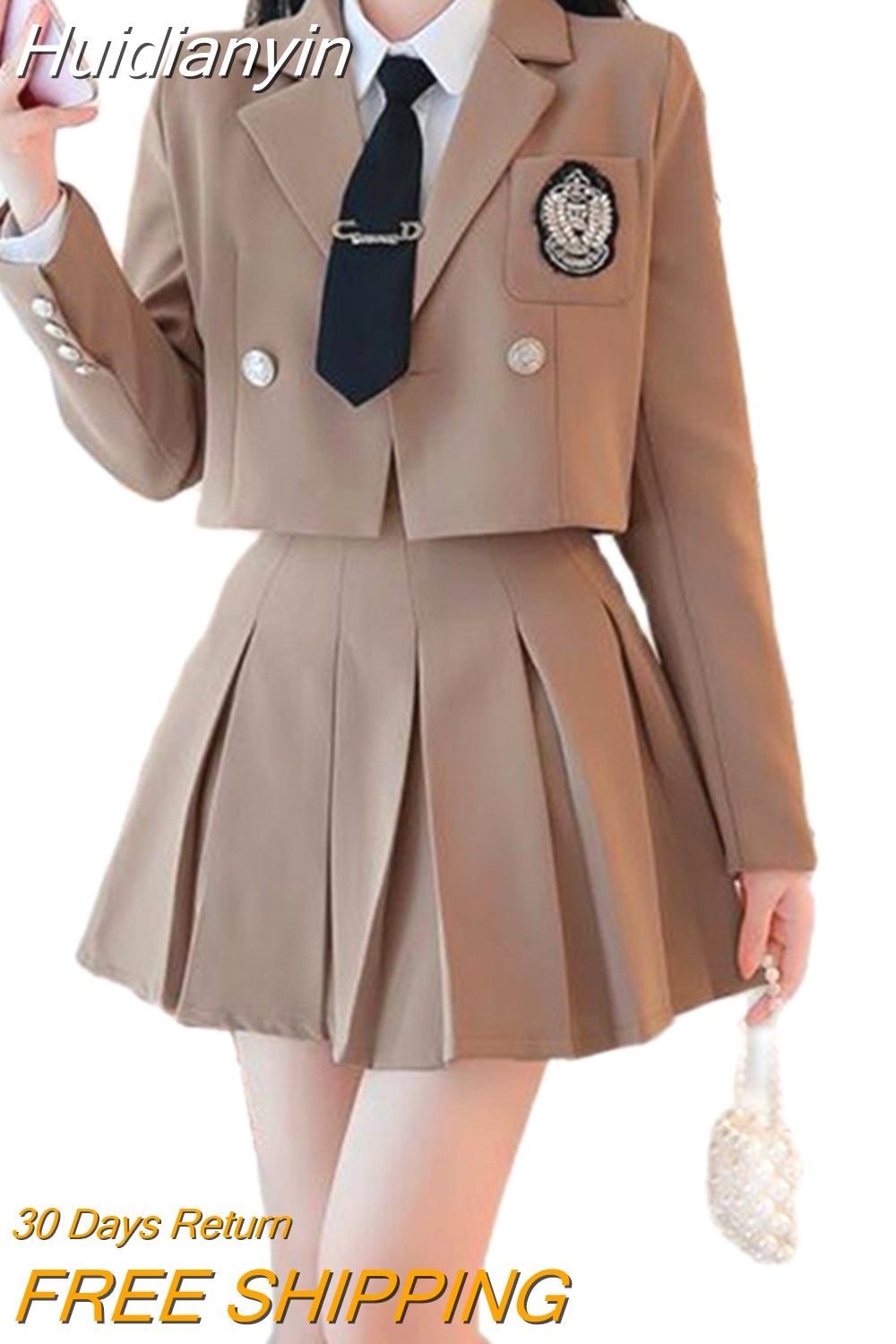 Huidianyin Summer Girl Two Piece Pleated Skirt Suit Streetwear College Harajuku A Line Skirt+Short Jacket High Waist Pleated Skirt