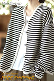 Huidianyin Women Fashion Knitting Cardigans Stripe Casual V-Neck Long Sleeve Designer Harajuku Daily Single Breasted Tops