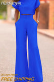 Huidianyin Women Pants Set 2023 Casual Solid Short Sleeve Tops Palazzo Suits Femme High Waist Zipper Office Long Trouser Set Oversize