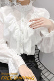 huidianyin Ruffle Stitching Elegant Lace Blouse Long Sleeve Loose Chiffon Shirts Korean Style Stand Collar Pleated Top Blusas 15832 912