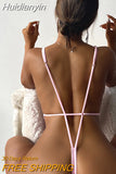 Huidianyin Backless Thongs Swimsuit Sexy One Piece Monokini Brazilian Bathing Suit High Leg Bikinis Beachwear Light Pink Body