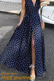 Huidianyin Bohemian Slit Hem Maxi Dresses Women Polka Dot Sexy V Neck Long Dress 2023 Summer Casual Short Sleeve Belted Sundress