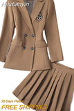 Huidianyin Loose Suit Pleated Skirt Two-Piece Set New Spring Autumn Jacket Blazer+Mini A-Line Skirts Loose 2 Piece Suit