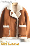 Huidianyin Winter Lamb Fur Sheepskin Faux Fur Suede Leather Jacket Long Sleeve Single Breasted Short Moto Biker Coat Women Parka
