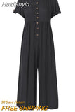 Huidianyin Summer Jumpsuits Celmia Women Rompers Casual Solid Buttons Playsuits Short Sleeve Loose Wide Leg Pants Overall