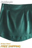 Huidianyin Satin Short Skirts Woman Vintage Sexy Mini Skirt Women 2023 Green Red New Year Elegant Skirts High Waist A Line Skirt