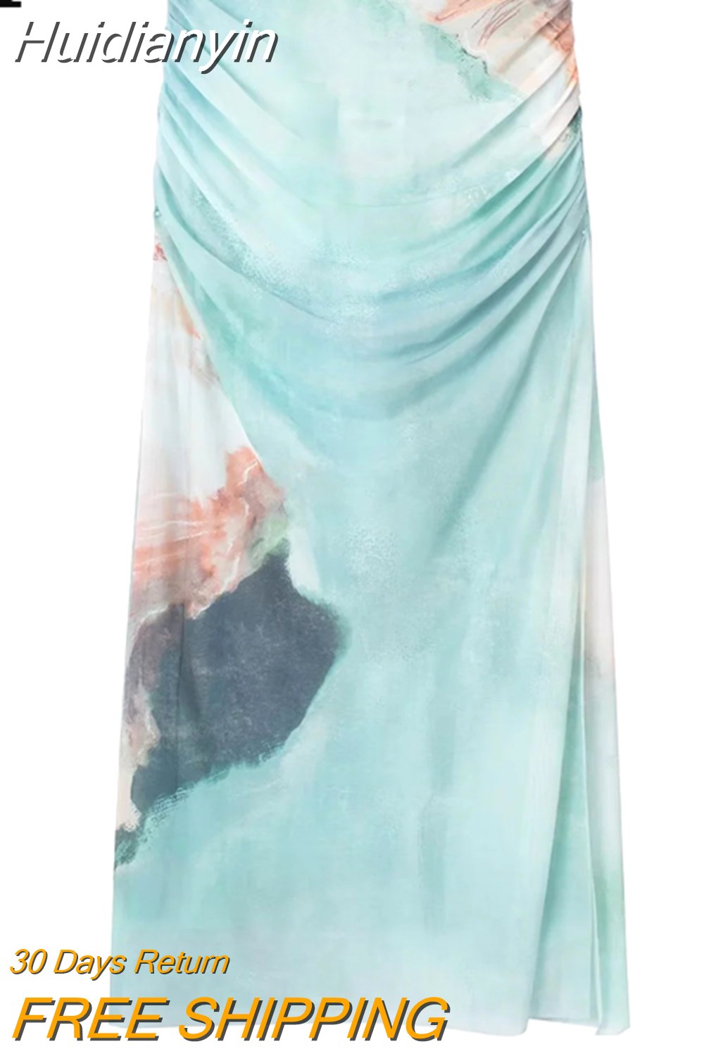 Huidianyin Print Tulle Skirt Woman High Waist Mesh Midi Skirt With Slit Ruched Stylish Long Skirts For Women Fashion 2023 Summer Skirt