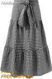 Huidianyin Women Skirts Vintage Plaid Long Skirts Female High Waist Casual Loose Belted Pleated Check Party Maxi Skirt