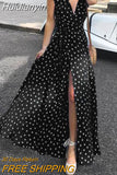 Huidianyin Bohemian Slit Hem Maxi Dresses Women Polka Dot Sexy V Neck Long Dress 2023 Summer Casual Short Sleeve Belted Sundress