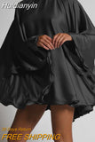 Huidianyin Sexy Backless Satin Mini Dress 2023 Fashion Women Stand Collar Elegant Big Flared Sleeve Ruffle Solid Party Vestidos Robe