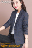 Huidianyin Vintage Casual Plaid Blazer Women Fashion Single Button Office Ladies Jacket Coat Notched Collar Long Sleeve Blazer