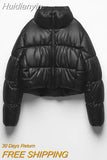 Huidianyin Warm PU Pocket Waterproof Parka Women Faux Leather Puffer Jacket Female Casual Loose Coat Zipper Long Sleeve Overcoat