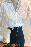 huidianyin V-neck Long Sleeve Lace Blouse Women Tops Tassel White Shirts Blusas Hollow Out Lace Flowers Ladies Blouses Shirts 16095