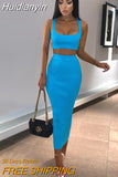 Huidianyin neon ribbed knitted women two piece matching co ord set crop top midi skirt sexy festival party 2023 summer clothing