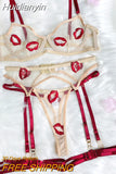 Huidianyin Fancy Lingerie Red Lips Embroidery Sissy Delicate Underwear Transparent Bra Set Woman 3 Pieces Sensual Lace Outfit