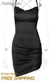 Huidianyin Satin Women Strap Mini Dress Ruched Lace Up Cross Bandage Backless Bodycon Sexy Party Elegant 2023 Club Christmas Slim 925