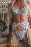 Huidianyin Fancy Lingerie Floral Embroidery Underwear 3-Piece Luxury Lace Garter Brief Sets Bra And Panty Sexy Outfit Intimate