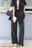 Huidianyin Casual Black Women's Office Pantsuit 2023 Short Sleeve Blazer Loose High Waist Wide Leg Pants Two-Piece Set Female Outfit