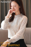 huidianyin Office Lady Vintage Autumn Women White Shirt Women 2023 New Puff Sleeve Blouses Elegant Lace Blouse Women Top Mujer 11196