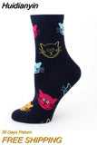 Huidianyin 4pairs/lot Combed Cotton Socks Women Breathable Cute Kawaii Cat Printing Pattern Funny Sock Casual Autumn Soft Sokken