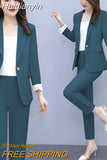 Huidianyin Women Single Botton Work Blazer Suits Slim Loose Casual Pants Blazers Jackets With Trouser Two Pieces Set