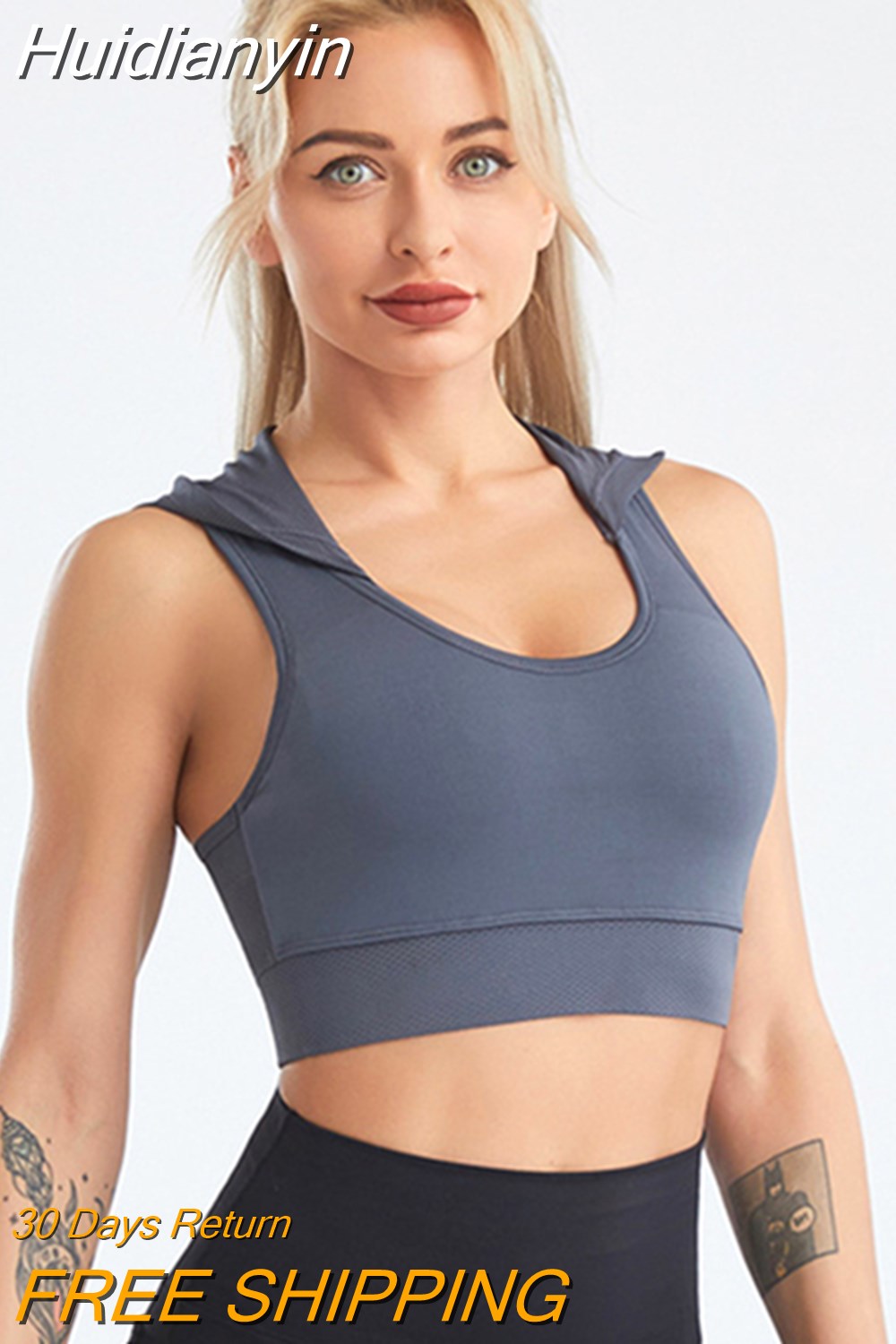 Huidianyin Hooded Sports Bra Sleeveless U-Neck Crop Top Yoga Hoodie Summer Air Sport Vest Female Fitness Clothes For Lady Solid Color
