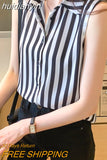 huidianyin and White Striped Woman Shirts Summer Tank Top Blouse for Women Sleeveless Blouses Chiffon Ladies Tops OL Female Clothing