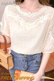 huidianyin Hollow Women Tops Summer French Style Sweet Blouse 2023 New Fashion Half Sleeve Clothes Apricot Lace Shirt Blusas 21217