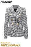 Huidianyin High Quality 2023 New Designer Blazer Women's Double Breasted Pocket Lion Buttons Slim Plaid Blazer Jacket Ladies