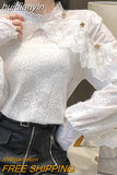 huidianyin Crochet Lace Blouse Women Chic Ruffle Lace Stitching Shawl Ladies Stand Collar Tops 2023 Spring Long Sleeve Slim Shirt13025 925