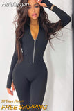 Huidianyin Women Fall Winter Zipper Long Sleeve Bodycon Fashion Streetwear Solid Fashion Black White Jumpsuits Wholesale Clothes