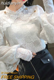 huidianyin Crochet Lace Blouse Women Chic Ruffle Lace Stitching Shawl Ladies Stand Collar Tops 2023 Spring Long Sleeve Slim Shirt13025 925