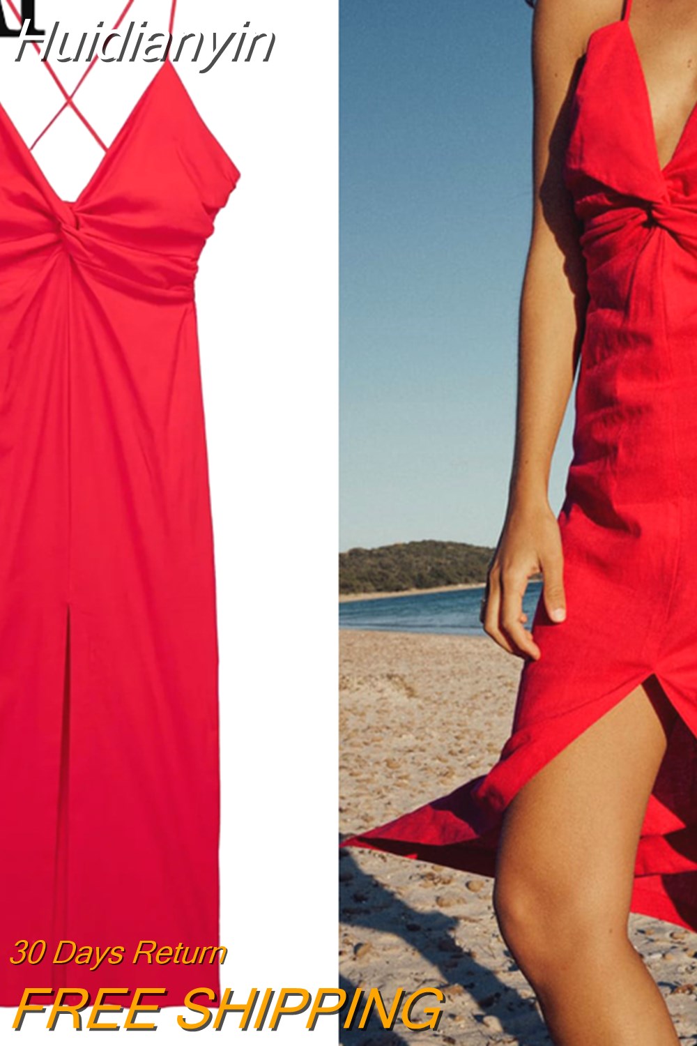 Huidianyin Red Slip Dress Woman Knot Long Dresses For Women 2023 Backless Sexy Beach Dress Women Sleeveless Midi Summer Party Dresses
