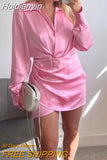 Huidianyin Pink Satin Dress Woman Wrap Short Dresses For Women 2023 Long Sleeve Mini White Dress Lady Fashion Elegant Party Dresses