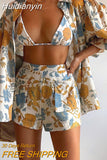 Huidianyin Casual Printed Three Piece Sets For Women Summer New Commute Elegant Buttons Cardigans Shorts Suits Lady Beach Party Set