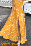 Huidianyin Bohemian Slit Hem Maxi Dresses Women Polka Dot Sexy V Neck Long Dress 2023 Summer Casual Short Sleeve Belted Sundress