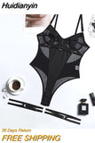 Huidianyin Sensual Lace Bodysuit Women Transparent Sexy Lingerie See Through Black Tights Fitness Sissy Crotchless Erotic Body