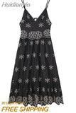 Huidianyin Embroidery Slip Dress Woman Black Backless Long Dress Women Sleeveless Beach Summer Dresses For Women Sexy Midi Dresses