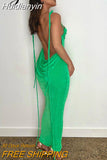 Huidianyin Lace Up Halter Neon Maxi Dress Backless Bodycon Sexy Party Evening Elegant Club Outfits Birthday Festival Clothing