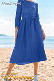 Huidianyin Elegant Solid Women Cotton Dress ZANZEA Fashion Summer Long Sleeve Midi Dress Kaftan Loose Vestidos Retro Robe Longue