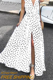 Huidianyin Bohemian Slit Hem Maxi Dresses Women Polka Dot Sexy V Neck Long Dress 2023 Summer Casual Short Sleeve Belted Sundress